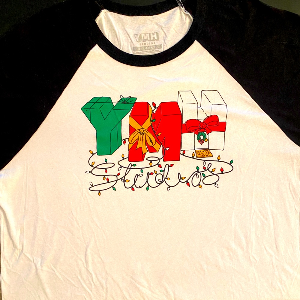 Men’s YMH Black and White Baseball Tee with Christmas Graphic - XL